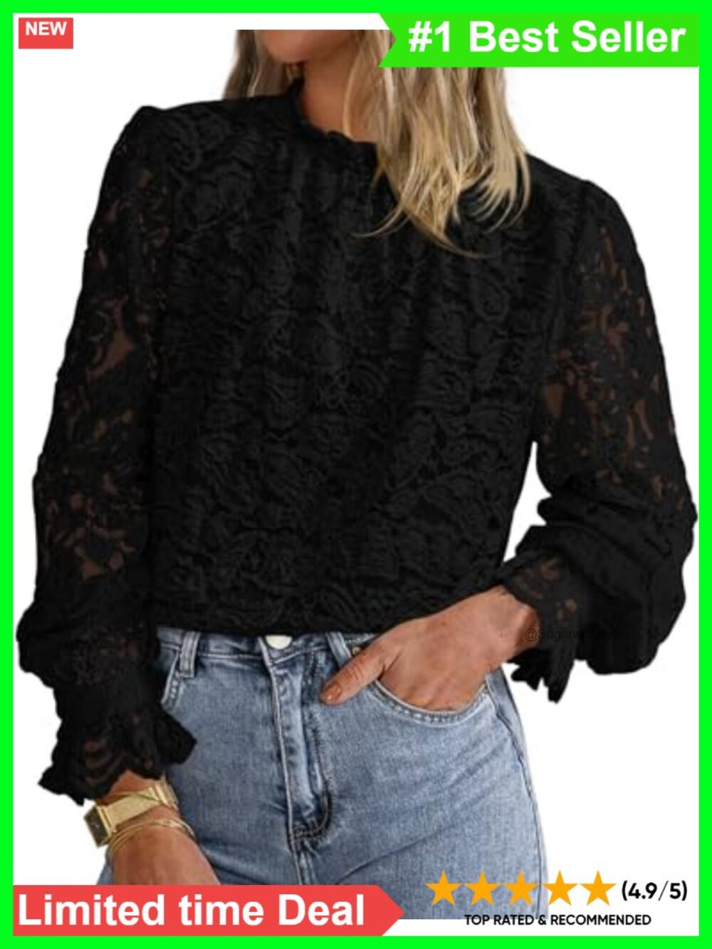 Lace Top Women Long Sleeve Mock Neck Ruffle Blouse Dressy